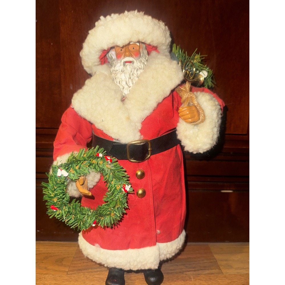 Vintage Russ Berrie Black Santa Claus Figurine 14in Red Suit Wreath Toy Sack